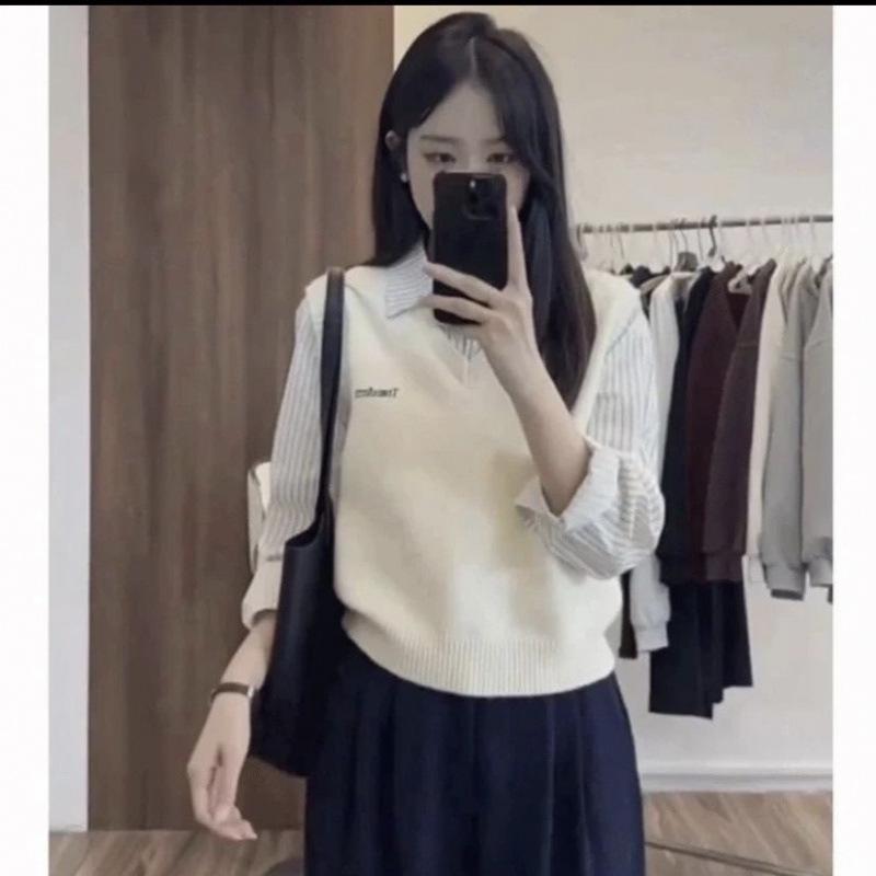Color-Block Fake Two-Piece Long-Sleeve Layered Sweater for Spring/Autumn 2025