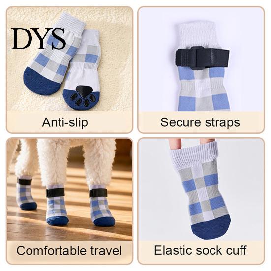 Non-slip Cotton Paw Grips 4Pcs Plaid Dog Socks, Anti-Slip Pet Covers with Adjustable Socks to Prevent Scratching Straps, Breathable Ribbed Protectors