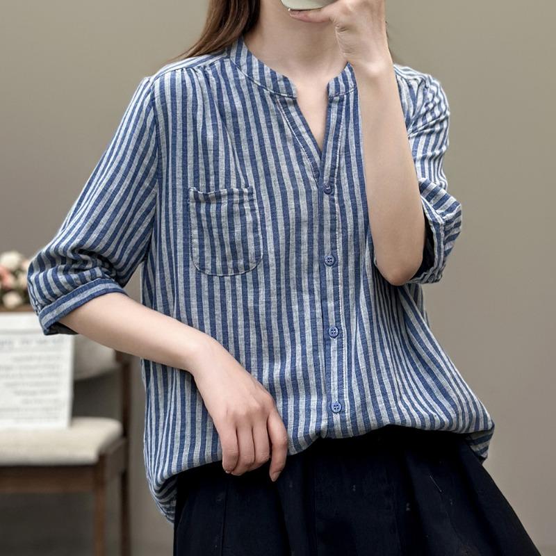 Commuting Striped Cotton Yarn Shirt Women's Summer Artistic Casual Versatile Five Quarter Sleeve V-neck Slimming Top Blouses & Shirts