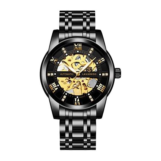 

Tevise Men s Watch Black Skeleton Black Stainless Steel Waterproof Automatic Roman Numeral Dial Watch