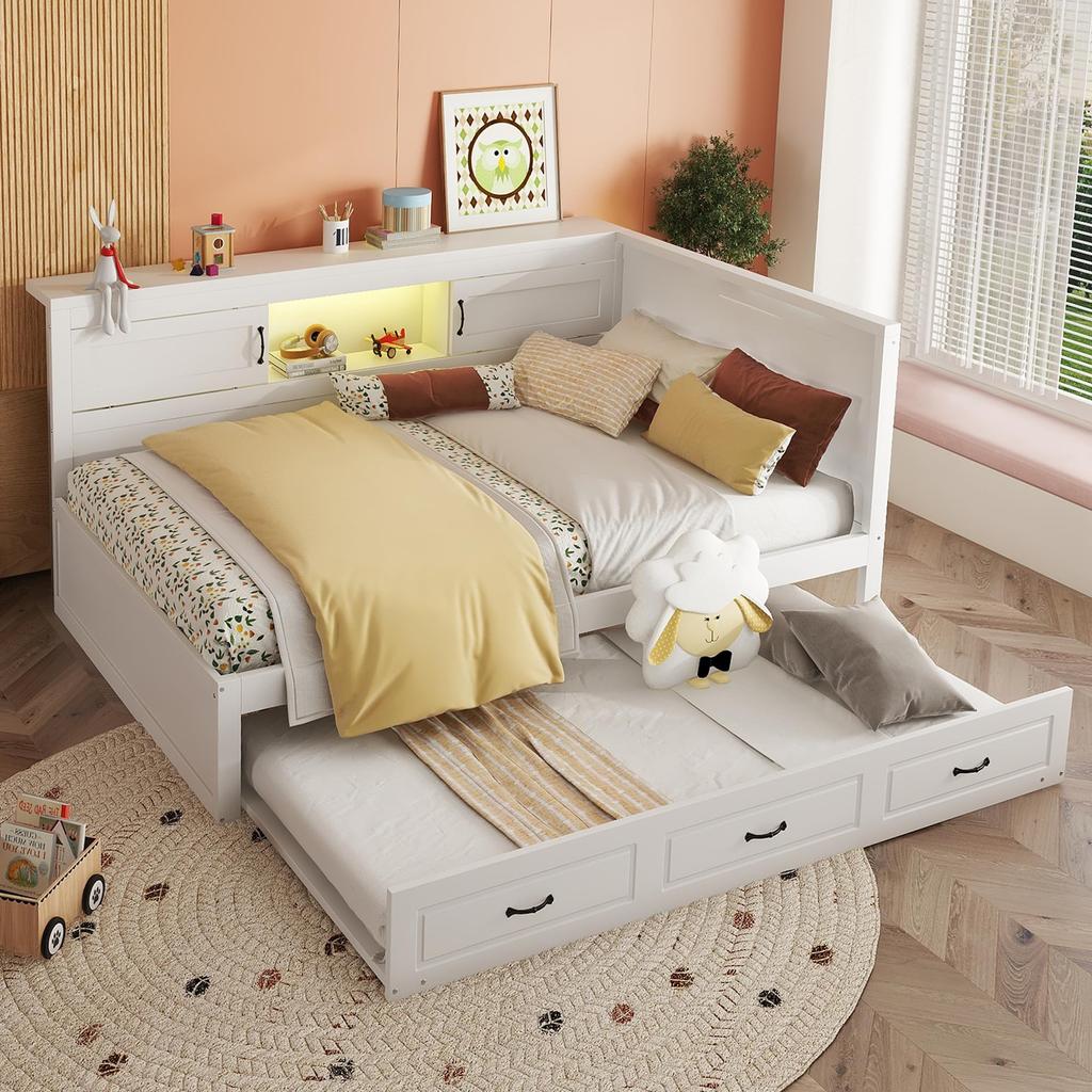 Sofa Bed 90x200 Pull-out Daybed with LED Storage Compartment Socket USB, Slatted Frame