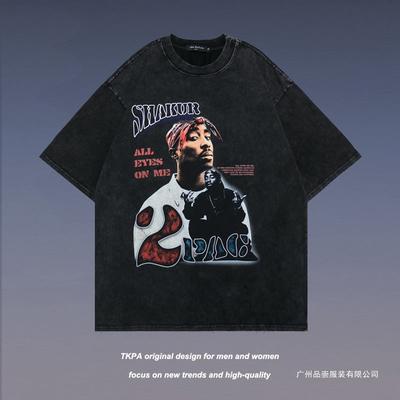 Vintage Retro Rapper Porträt Druck Kurzarm T-Shirt Hip-Hop Gewaschenes Unterhemd Herren