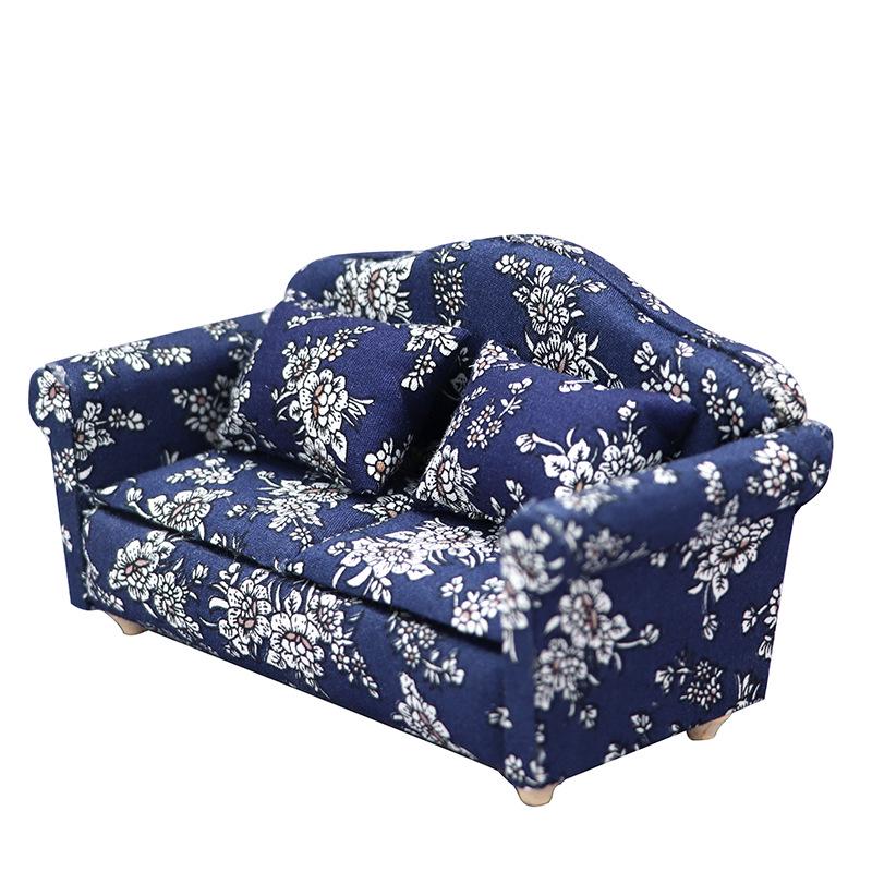 1:12 Dollhouse Miniature Furniture: Blue Floral Sofa Cover with Cushion