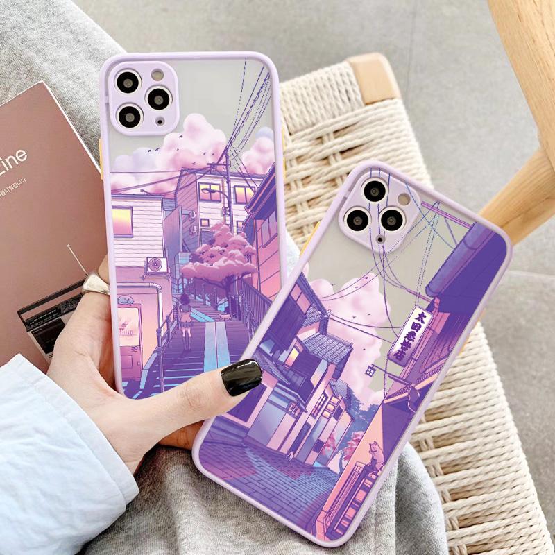 Japan Anime Landscape Phone Case For iPhone 16 11 15 12 14 Pro Max 12 13 Mini 7 8 Plus X XR XS Matte Purple Street View Cover