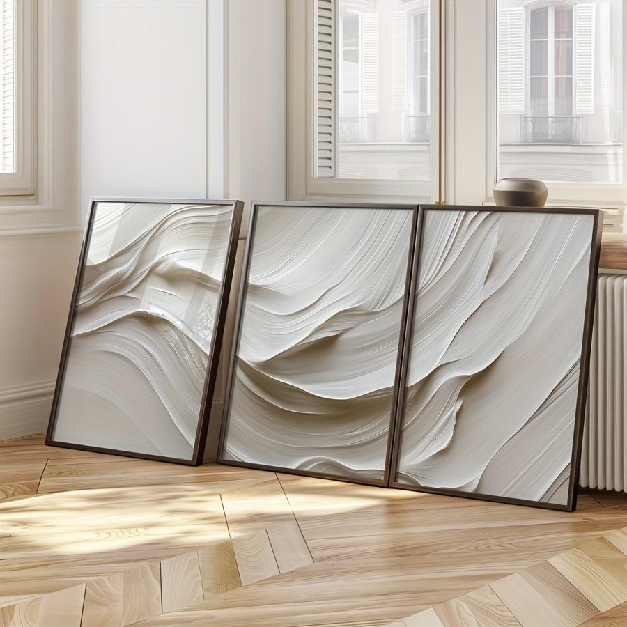 3 pezzi/set Tonalità Morbida Beige Neutro Stampa su Tela Semplice Onda Bianca Arte Astratta Murale Poster Decorazione per Soggiorno Camera da Letto Casa