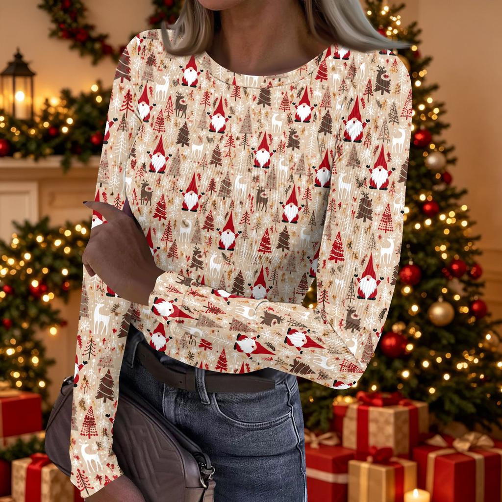 Women's Casual Christmas Print Long Sleeve Top for Holiday Party and Everyday Wear