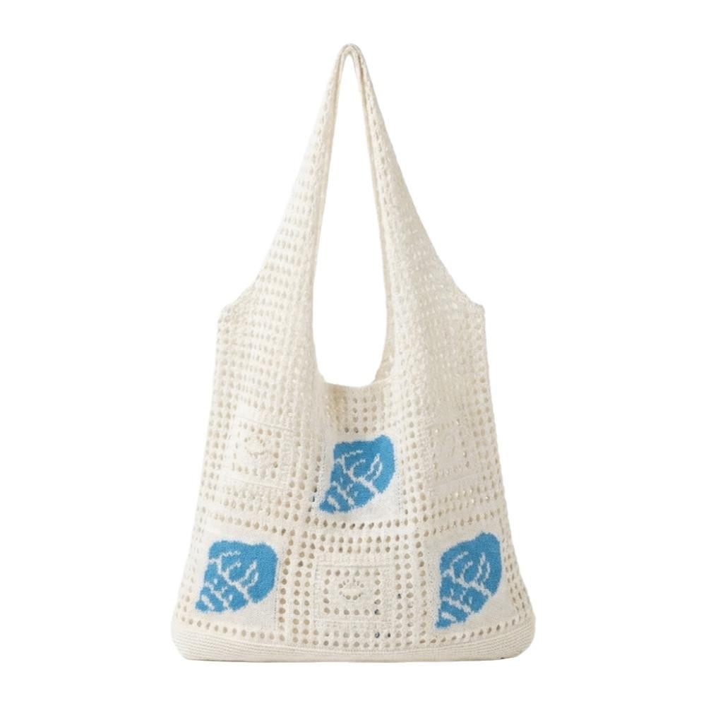 

Solid Color Crochet Tote Bag Conch Knitting Handbag Simple Woven Shoulder Bag Summer синий