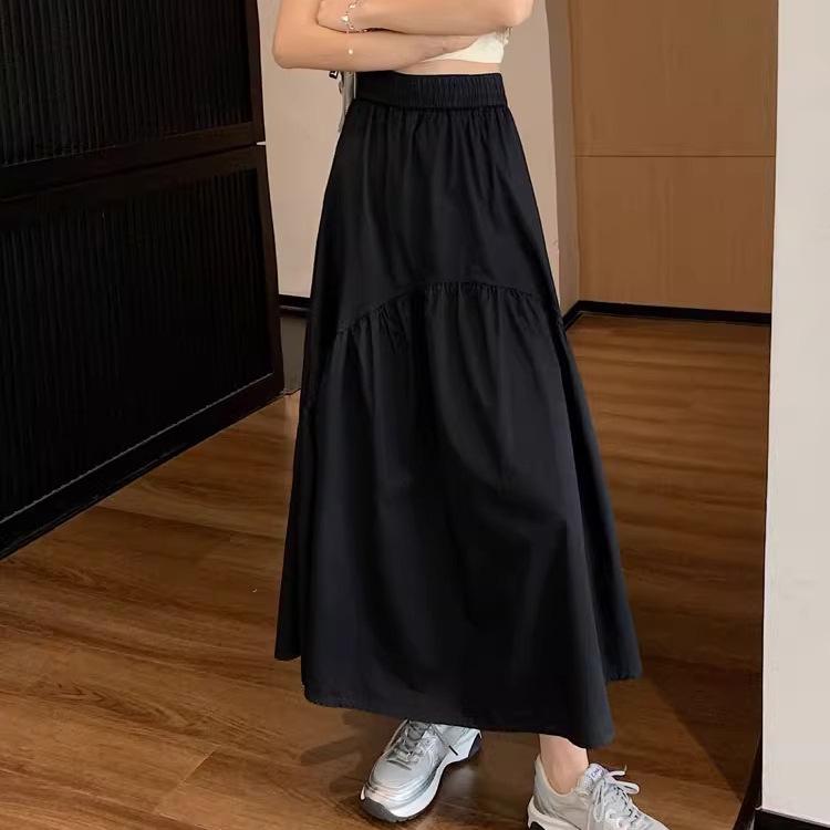 Petite 2023 Summer Korean Pleated Elastic Waist Long Skirt