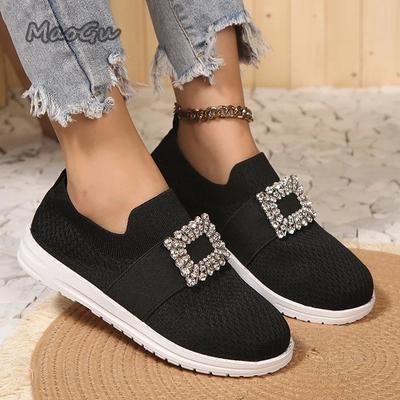 Fashion Rhinestone Mesh Knitted Loafers for Women Breathable Slip-On Casual Flats Women's 2025 Autumn Soft Sole Walking Shoes Size 36 42