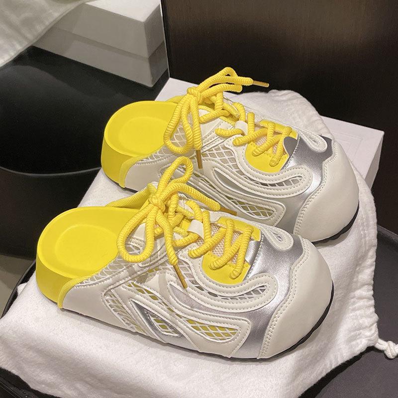 Muffin thick bottom mesh breathable bag head half slippers women's summer wear 2025 new one-pedal lazy ugly cute sandals