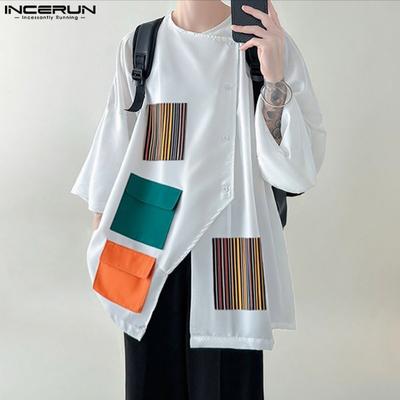 Men 3/4 Sleeve Stitching Print Front Cross Splits Casual T-Shirts Tops