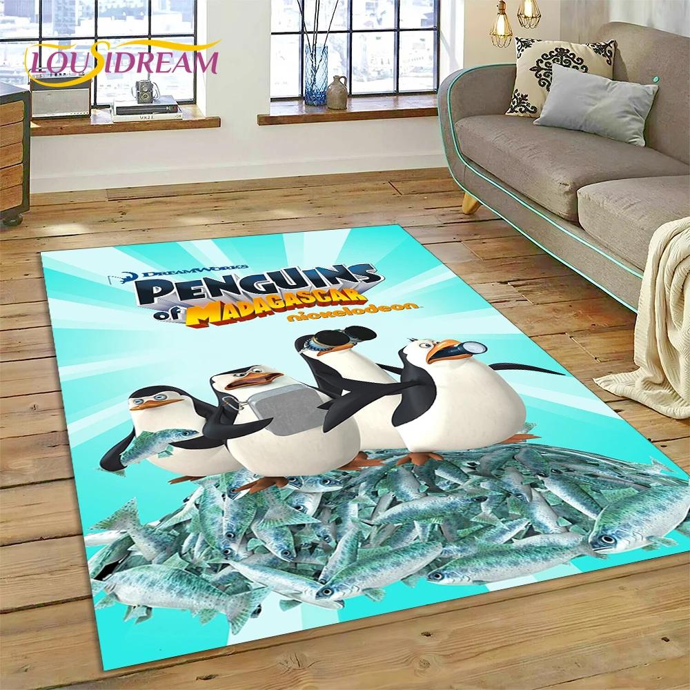 Roztomilý kreslený koberec s tučňáky z Madagaskaru pro obývací pokoj, ložnici, domácí dekoraci pohovky, koberec do dětského pokoje, protiskluzová podložka na podlahu, dárek