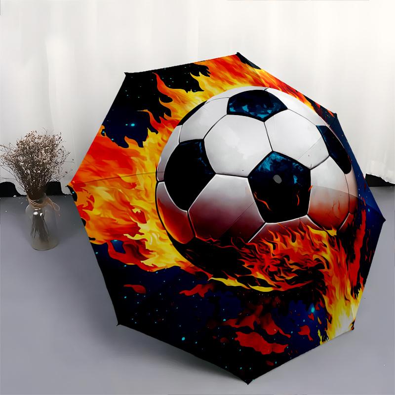 Soccer Ball, Flames Automatic folding umbrella  simple eight rib design, bright color pattern, durable iron frame, ideal for travel and outd