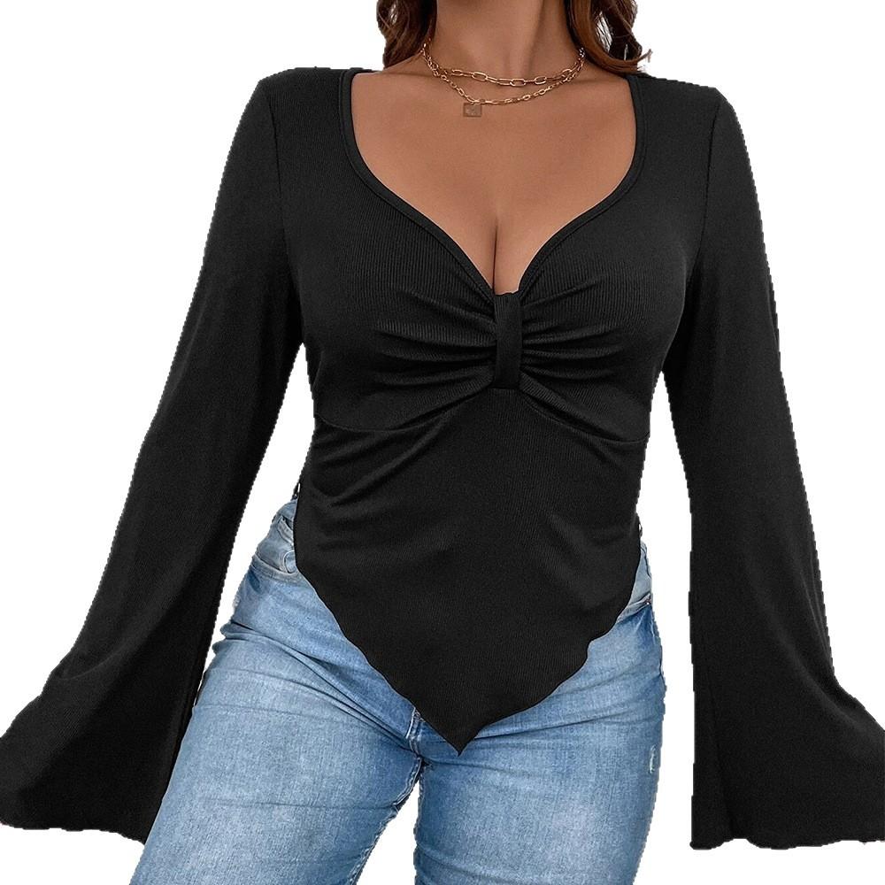 Large Size Women's V-Neck Flared Sleeve Top Women's Kink Waist Irregular Pendulum Skinny Long Sleeve T-Shirt
