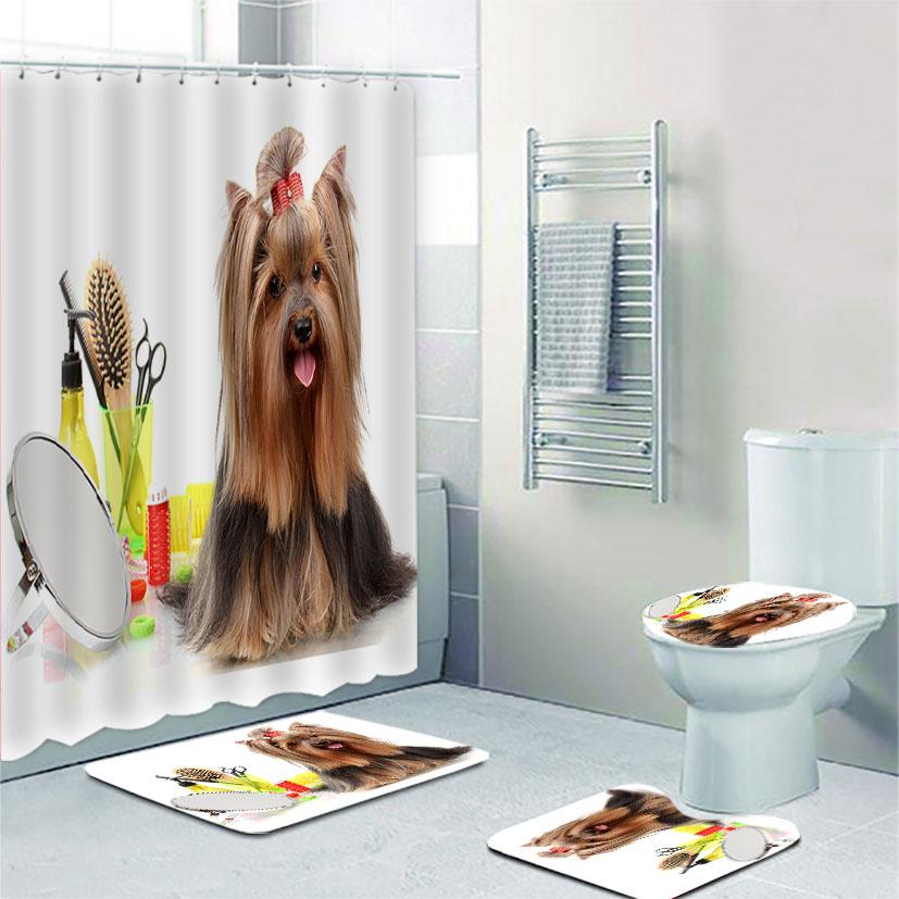 Funny Laughing Yorkshire Terrier Dog Bathroom Shower Curtain Set Sitting Yorkie Puppy Doggy Bath Mats Rugs Toilet Bathroom Set