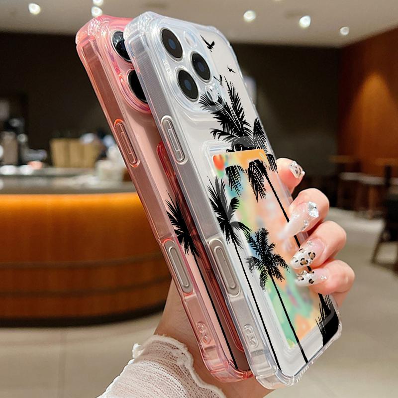 Husă Transparentă cu Model Palmier de Cocos cu Slot pentru Card pentru iPhone 16 Pro Max 16E 15 Pro 14 13 12 11 Subțire Antishock Silicon Moale Husă Telefon