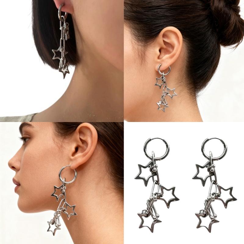 Cool Minimalists Styles Star Shaped Punk Earrings Crafted from Steel Sturdy Hoops