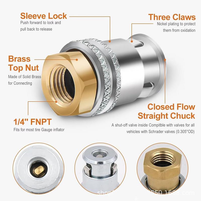 Brass Locking Tire Air Chuck Closed Flow Compressor Air Lock On Chuck Tire Inflator Tool With 1/4 Inch Internal Threaded