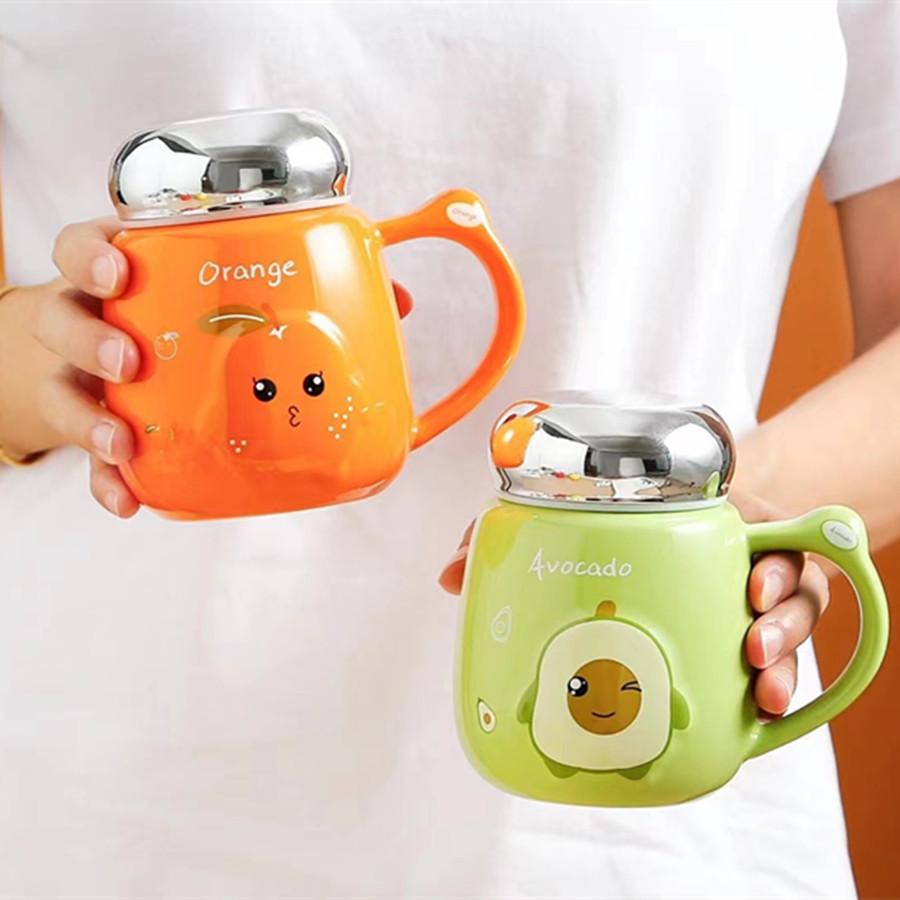 Ceramic Cup Mirror Cover Household High Value Relief Fruit Coffee Cup Office Worker Leakproof Lid Mug