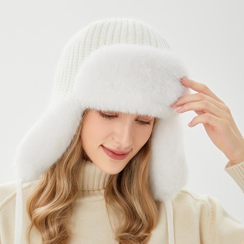 Lei Feng Hat Winter Women's Outdoor Riding Warm Hat Windproof and Cold Rabbit Fur Ear Hat