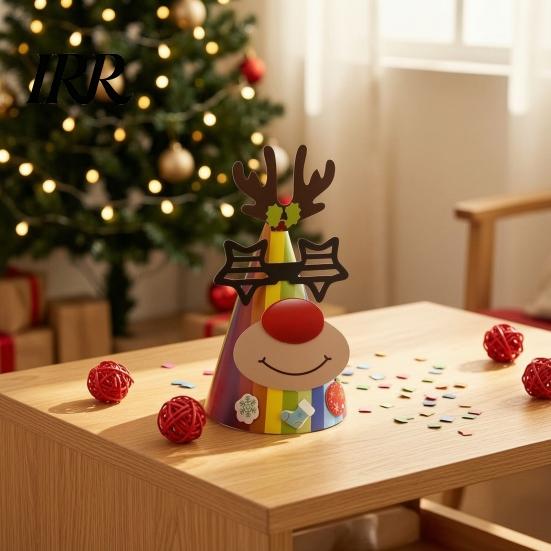 Snowman Party Hat Christmas for Kids Adults, Tree Reindeer Santa Detachable Sticker Paper Cone Birthday Supplies