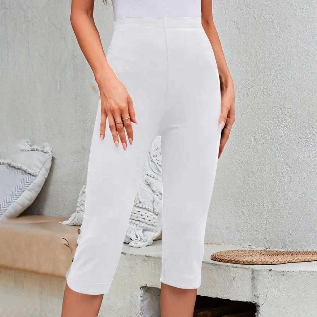 Women's Mid Rise Capri Leggings Loose Fit Button Split Casual Cropped Pants Summer Stretch Daily Bottoms