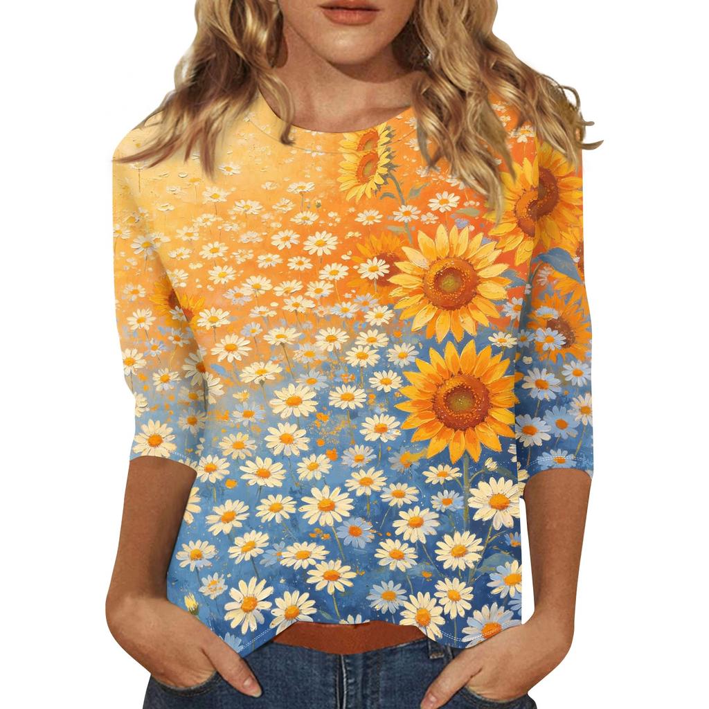 Women Casual Floral Print Round Neck Three Quarter Sleeve Top Lightweight Comfortable Fit Stylish Design Suitable for Everyday Wear