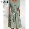 HNXC 30 Color Pleated Midi Dress Short Sleeve Round Neck Loose Hem Mid-Calf Length Women Floral A-Line Party Dress Casual Wear
