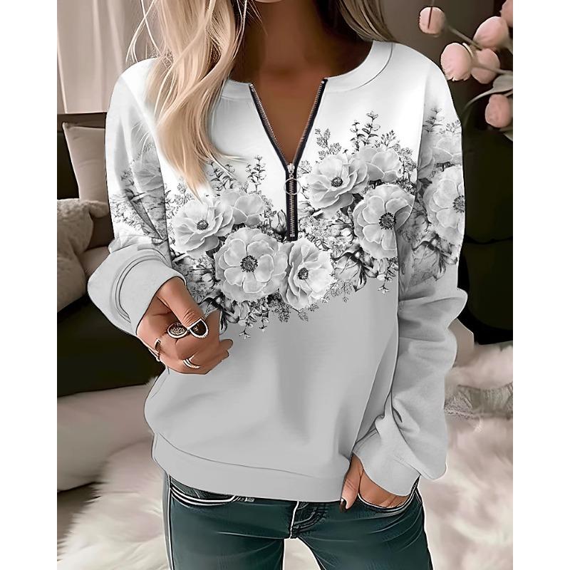Womens Floral Print Half Zip Sweatshirt Casual Long Sleeve Pullover Top Streetwear