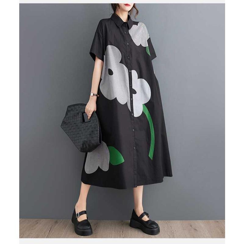 

Женское свободное повседневное простое милое платье-рубашка с коротким рукавом One size чёрный