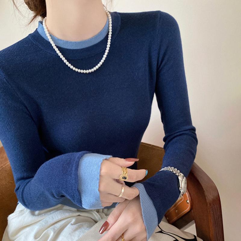 Ladies Autumn Winter Long Sleeve Fake Two Piece Basic Solid Color Pullover Knitted T Shirt Top