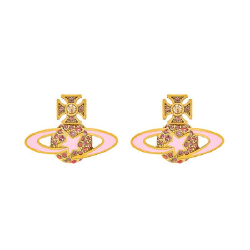 Серьги Vivienne Queen Blue Saturn Стильные и Шикарные Медные Ушные Аксессуары розовый