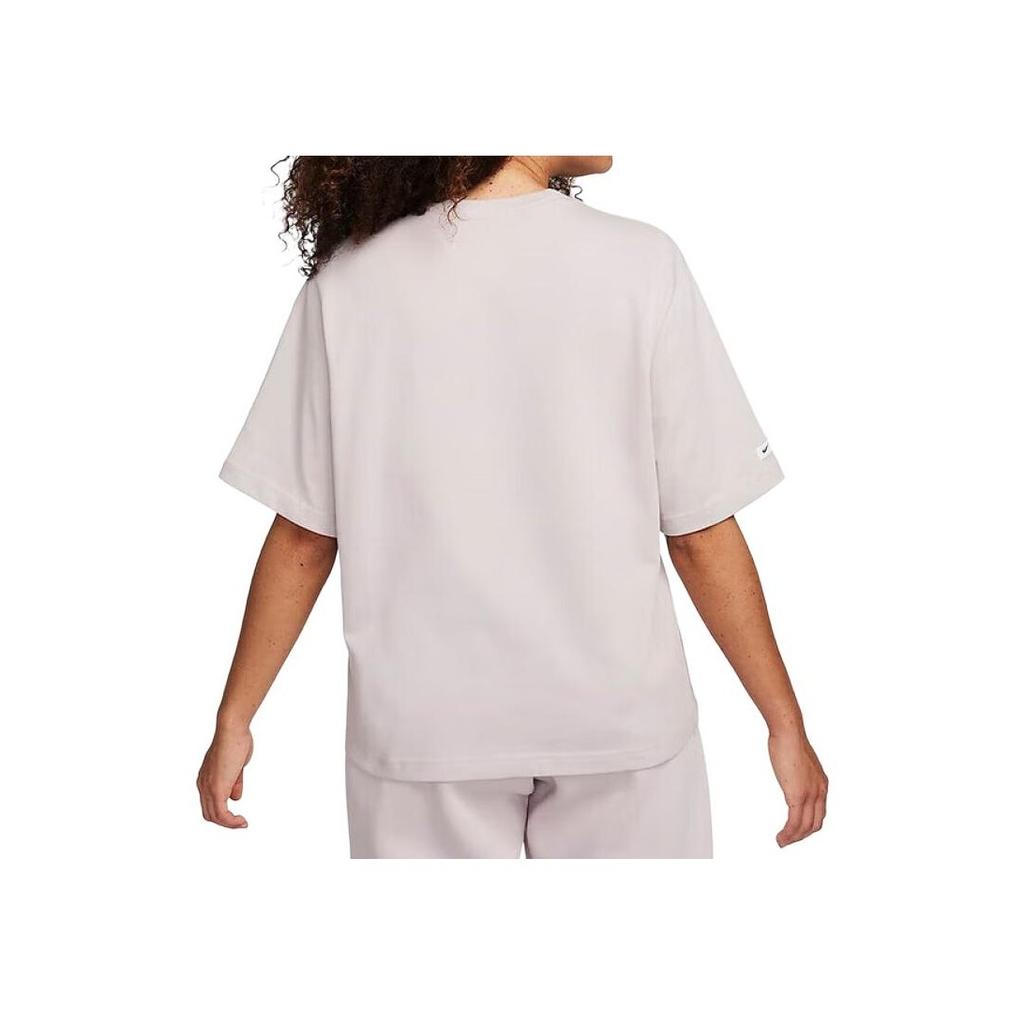 Nike Sportswear Classics Alphanumeric Print Short Sleeve Crew Neck T-Shirt With Dropped Shoulders Women Tops Grey Purple FQ6601-019