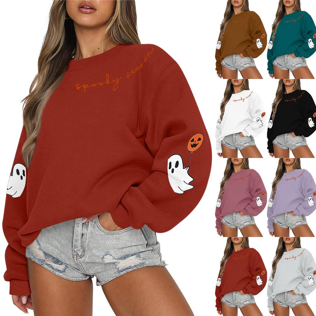 Women's Casual Fashion Round Neck Long Sleeve Halloween Printed Sweatshirt