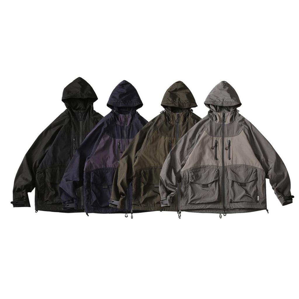 TENDGANK Color Block Hooded Windbreaker with Pockets - Japanese Retro Style