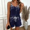 Women Summer Casual Two Piece Set Floral Print Tank Top Square Neck Sleeveless Sportswear With Pockets Drawstring Waist Shorts