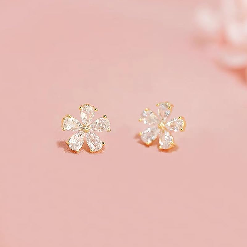 Cherry Blossoms Earrings Ladies Popularity Compatible with Metal Allergies Zirconia Flower Stud Leave It On Gold Celebration Day Birthday Wedding