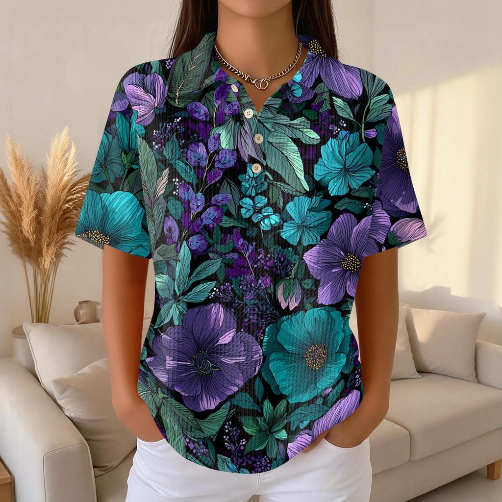 Womens Casual Short Sleeve Retro Floral Print Waffle Knit Polo Shirt Lightweight Button Down Top