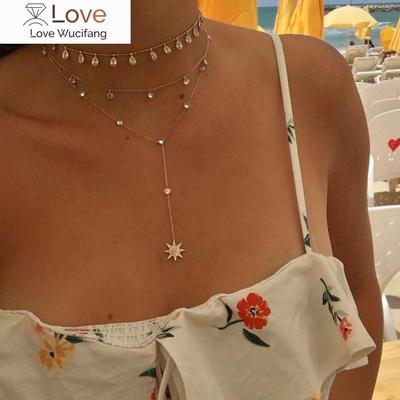 Fashion Jewelry Sun Burst Charm Pendant Cz Station Link Chain Long Sexy Women Lariat Long Chain Layer Necklace