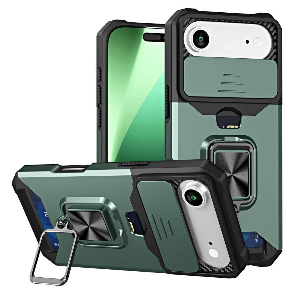 For iPhone 17 Air Case Kickstand Slide Lens Lid PC+TPU Phone Cover with Card Slot