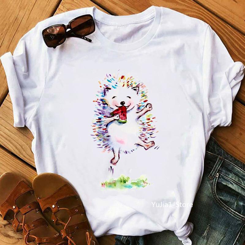 Watercolor Music Is My Joy Cute Hedgehog Animal Print T-Shirt Women&Amp;#39;S Clothing Funny Tshirt Femme Summer Fashion T Shirt Female