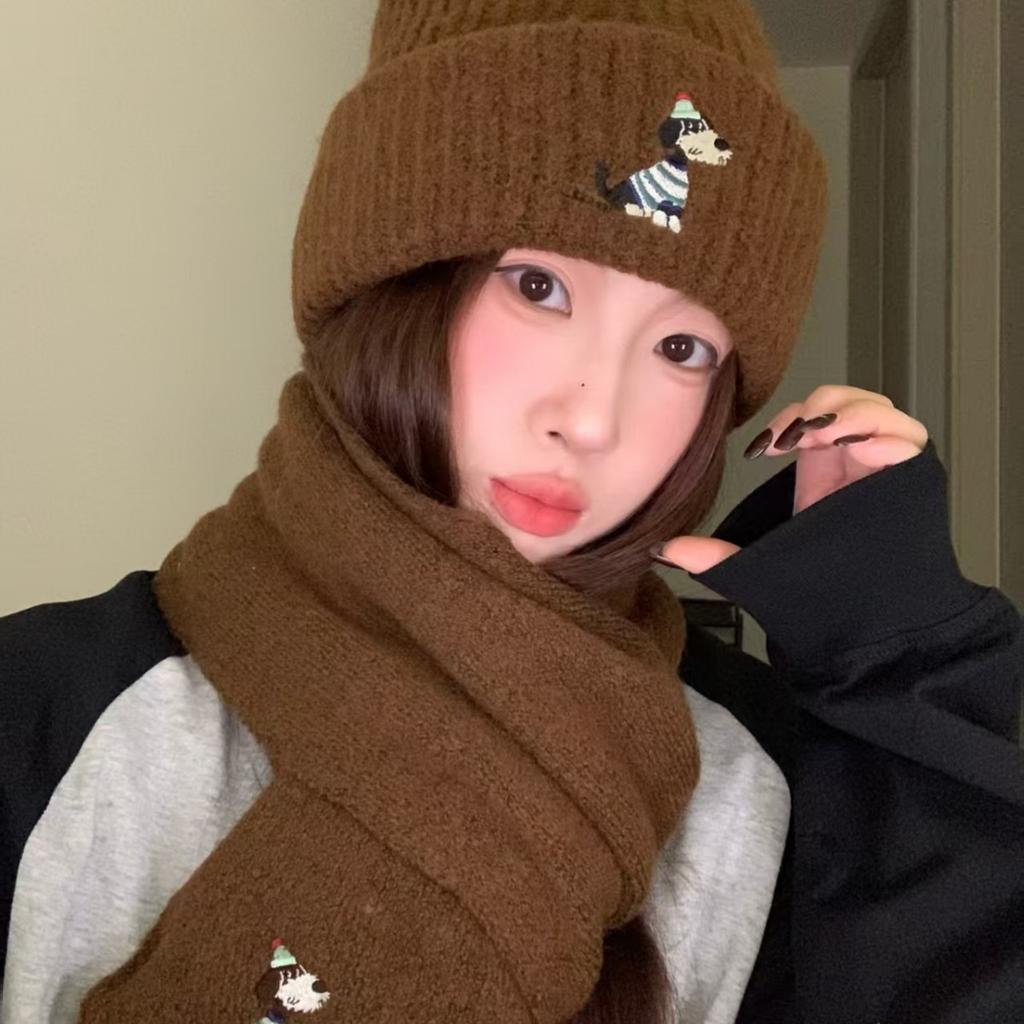 Puppy Embroidered Scarf, Hat, Headgear, Female Autumn and Winter Warm Face Small Knitted Wool Hat Outdoor Leisure