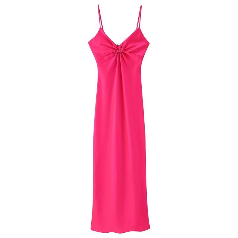 Kaslead New Arrival Women's Clothing Fashion Style Fashion Long Cut Out Decoration Satin Sling Dress