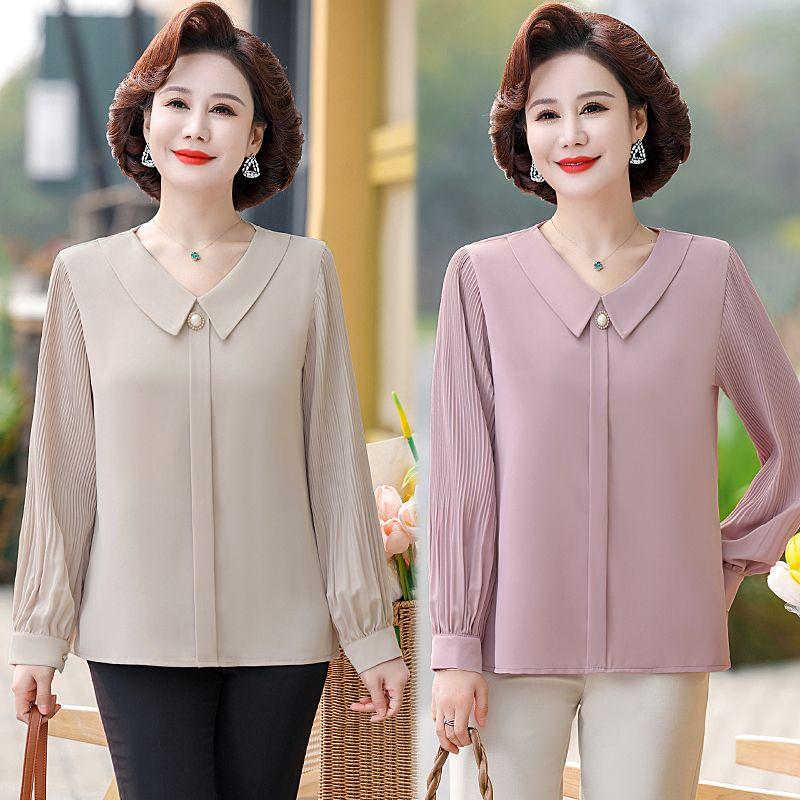 Mom's Spring and Autumn Chiffon Shirt Long Sleeve Middle Aged and Elderly Women's Top Clothes Spring Clothing