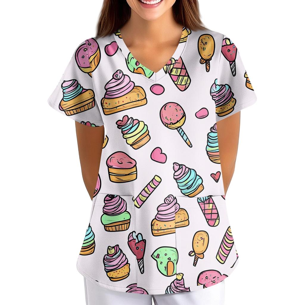 Women's Fruit And Floral Print Loose V-Neck Pocket Short Sleeve Uniform Uniform
