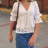 Pure Desire Style Lace Splicing V-Neck White Shirt Top 2026 Spring and Summer New Style Bow Tie Casual T-Shirt for Women