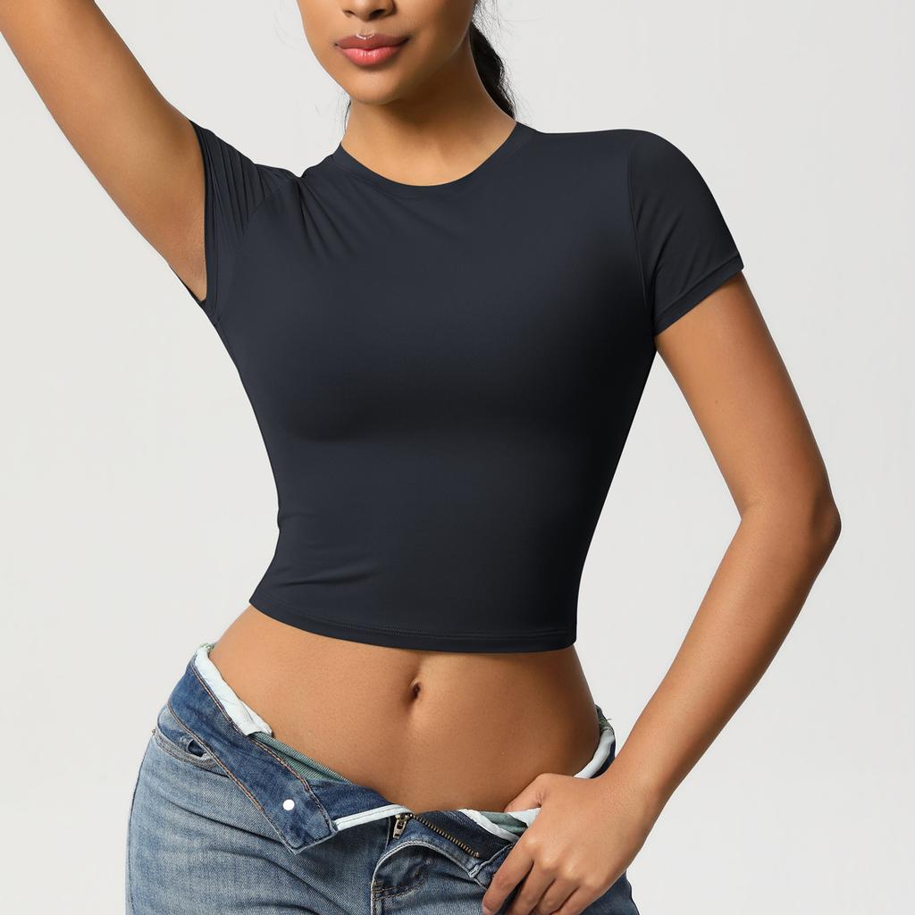 Double Sided Nylon Casual Tight Quick Drying Pilates Top Yoga Suit Short Sleeved Running Fitness T-shirt