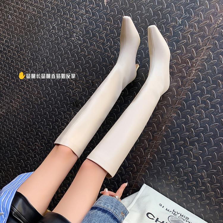 Lazy Wind~ European and American Style Temperament Folds Tall Stacked Boots Women's Versatile Square Head Cat and Cowhide Boots Internet Celebrities