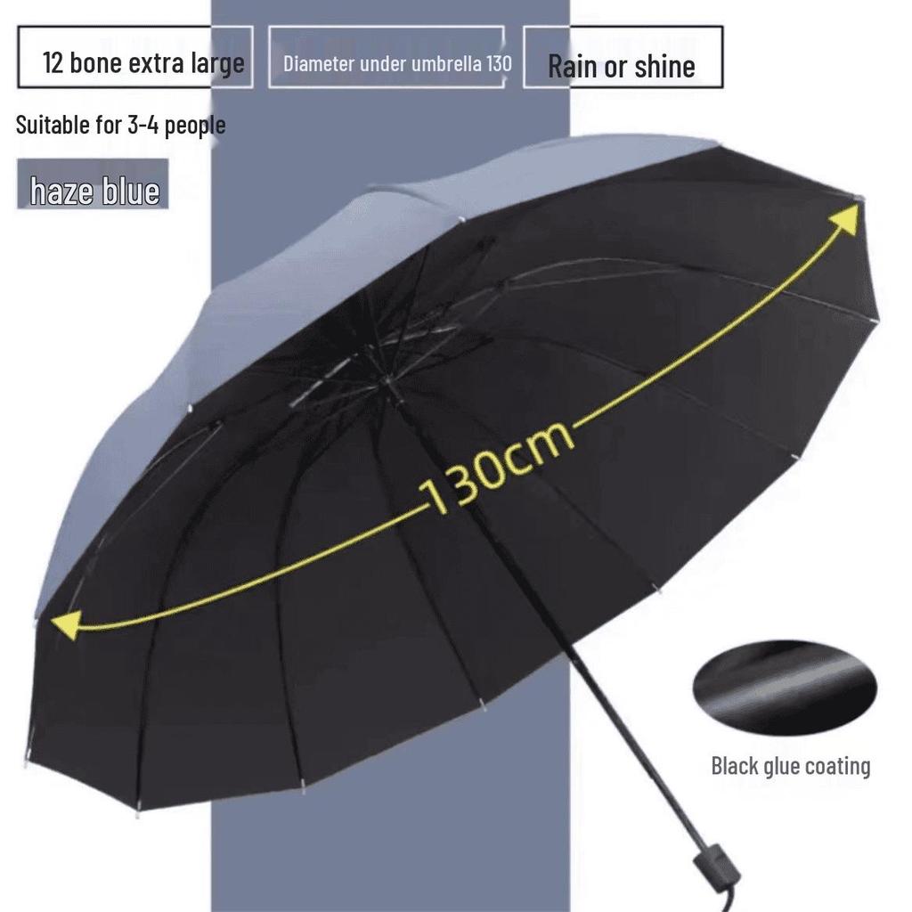 12-ribbigt 1,3 m dubbelanvändnings paraply för sol/regn med förstärkt hopfällbar design