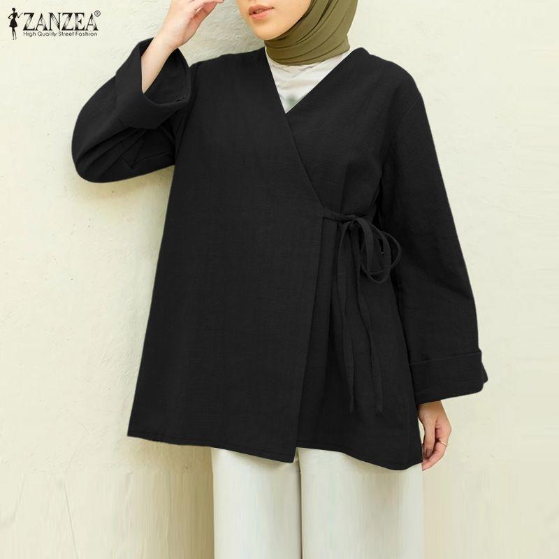 ZANZEA Damska codzienna bluzka z dekoltem w serek, długim rękawem i luźnym krojem